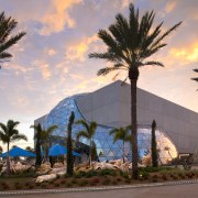 View of new art museum designed to house arecales, building, evening, home, hotel, palm tree, plant, property, real estate, resort, sky, tourist attraction, tree, vacation, gray