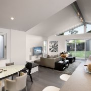 View of a house with landscaped forecourt, pool architecture, ceiling, house, interior design, living room, real estate, room, gray