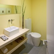 View of a house with landscaped forecourt, pool bathroom, bathroom sink, ceramic, floor, home, interior design, plumbing fixture, product design, room, sink, tap, toilet, toilet seat, orange, gray