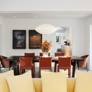 View of a house with landscaped forecourt, pool ceiling, dining room, furniture, interior design, real estate, room, table, gray