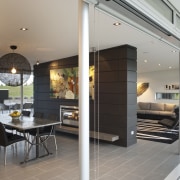 View of contemporary bach with terrace, sheltered courtyard interior design, real estate, gray