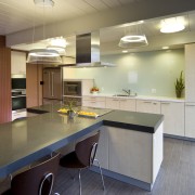 View of contemporary kitchen, bench, breakfast bar, white countertop, interior design, kitchen, real estate, room, gray, brown