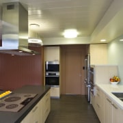 View of contemporary kitchen, cooktop, hood - View ceiling, countertop, interior design, kitchen, brown, gray