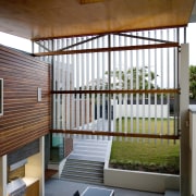 View of home with double height entrance, deck architecture, daylighting, house, interior design, wood, brown, gray