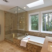 View of modernized bathroom with mosaic design tub bathroom, estate, floor, home, interior design, property, real estate, room, tile, window, brown, gray