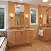 View of modernized bathroom with mosaic design tub bathroom, bathroom accessory, bathroom cabinet, cabinetry, countertop, floor, home, interior design, room, orange