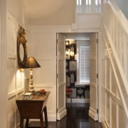 Interior view of traditional style home with white ceiling, floor, flooring, hardwood, home, interior design, room, orange