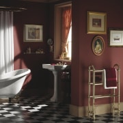 View of bathroom with checkerboard floor, free-standing bathtub, bathroom, floor, flooring, furniture, interior design, room, black