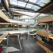 View of the Auckland Telecom offices, spread across architecture, building, daylighting, metropolitan area, shopping mall, black, white