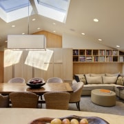 View of dining and living area with customised ceiling, interior design, living room, room, orange, brown