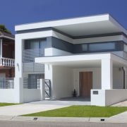 View of contemporary white home. - View of architecture, building, elevation, estate, facade, home, house, official residence, property, real estate, residential area, gray