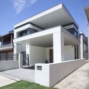 View of contemporary white home. - View of architecture, building, elevation, estate, facade, home, house, official residence, property, real estate, residential area, gray, white