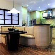 View of kitchen and dining area with Japanese ceiling, countertop, floor, flooring, hardwood, home, interior design, kitchen, laminate flooring, room, wood, wood flooring, brown