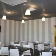 View of the TSB sports hub in Hawera, ceiling, conference hall, function hall, interior design, restaurant, table, gray, black