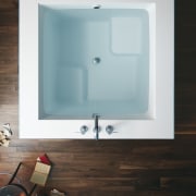 Birds-eye view of Kohler's contemporary, white Underscore Cube bathroom, bathtub, plumbing fixture, product design, sink, brown