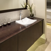 View of a David Reid Homes house with bathroom, ceramic, countertop, floor, interior design, plumbing fixture, product design, room, sink, tap, tile, brown, gray