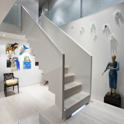 View of renovated home with black and white architecture, ceiling, daylighting, floor, flooring, handrail, house, interior design, product design, stairs, gray