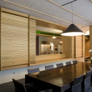 View of modernist style kitchen with wooden cabinetry architecture, ceiling, interior design, lobby, wood, brown