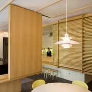 View of modernist style kitchen with wooden cabinetry architecture, ceiling, interior design, room, wall, wood, orange