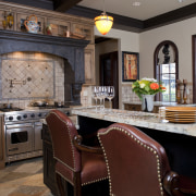 View of kitchen with aged look, featuring internally cabinetry, countertop, cuisine classique, dining room, home, interior design, kitchen, living room, room, red, gray