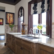 View of kitchen with aged look, featuring internally bathroom, cabinetry, countertop, cuisine classique, home, interior design, kitchen, room, window, brown, gray