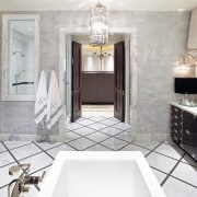 Jamie Herzlinger has designed this master suite to bathroom, ceiling, floor, flooring, home, interior design, room, tile, white