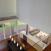 High angle shot of first floor. - High architecture, coffee table, daylighting, floor, flooring, furniture, glass, hardwood, house, interior design, product design, table, wood, gray