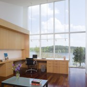 View of office space. - View of office architecture, ceiling, countertop, daylighting, floor, hardwood, house, interior design, kitchen, living room, real estate, room, window, wood, gray, white