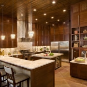 12-ft ceilings. Sandstone floors. Sapele wood cabinetry. Three cabinetry, ceiling, countertop, cuisine classique, interior design, kitchen, brown