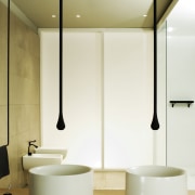 View of contemporary basins. - View of contemporary bathroom, ceramic, floor, interior design, plumbing fixture, product design, sink, tap, white