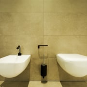 View of contemporary basins. - View of contemporary bathroom, bathroom sink, bidet, ceramic, floor, interior design, plumbing fixture, product design, sink, tap, tile, toilet, toilet seat, wall, orange, brown