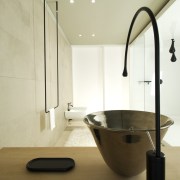 View of contemporary basins. - View of contemporary bathroom, bathroom sink, ceramic, floor, interior design, plumbing fixture, product design, sink, tap, yellow, brown