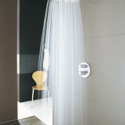 View of contemporary bathroom fixtures. - View of curtain, interior design, plumbing fixture, room, shower, tap, gray, white