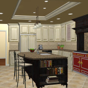 View of remodelled kitchen, with light-toned cabinetry and cabinetry, ceiling, countertop, cuisine classique, floor, flooring, interior design, kitchen, room, wood flooring, brown, orange