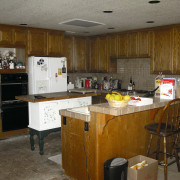 View of remodelled kitchen, with light-toned cabinetry and countertop, flooring, kitchen, room, brown