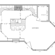 View of remodelled kitchen, with light-toned cabinetry and area, diagram, drawing, floor plan, line, plan, product design, white