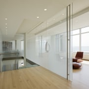 View of penthouse with white walls and a architecture, ceiling, daylighting, door, floor, flooring, glass, hardwood, house, interior design, laminate flooring, real estate, wall, window, wood flooring, gray