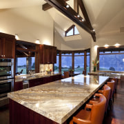 View of contemporary kitchen with marble benchtops, wooden countertop, estate, interior design, kitchen, real estate, red, orange