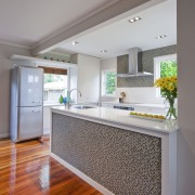 View of kitchen with retro feel and bedroom architecture, cabinetry, ceiling, countertop, daylighting, floor, flooring, hardwood, home, house, interior design, kitchen, real estate, room, wood flooring, gray