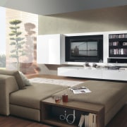 View of contemporary lounge with white media cabinet. coffee table, couch, furniture, interior design, living room, room, table, white, black