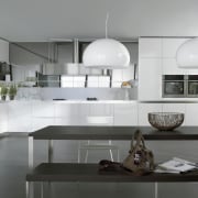 View of contemporary white kitchen and dining area. architecture, countertop, cuisine classique, interior design, kitchen, product design, gray, white