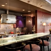 View of kitchen with hood by Zephyr Ventilation, ceiling, countertop, interior design, kitchen, lighting, room, red, brown