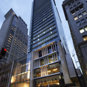 View of 420 George Street, featuring frameless vitrines apartment, architecture, building, city, cityscape, commercial building, condominium, corporate headquarters, daytime, downtown, facade, hotel, landmark, metropolis, metropolitan area, mixed use, neighbourhood, night, residential area, sky, skyline, skyscraper, tower, tower block, urban area, window, black, teal