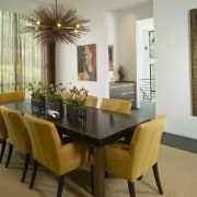 View of dining table with yellow chairs. - chair, dining room, furniture, interior design, living room, real estate, room, table, brown