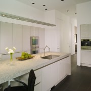 View of white home kitchen. - View of architecture, countertop, interior design, kitchen, real estate, room, gray