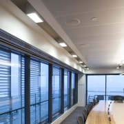 View of boardroom with dark carpet. - View architecture, ceiling, daylighting, glass, interior design, office, wall, window, gray
