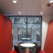 View of white table with four chairs, red architecture, ceiling, daylighting, design, glass, interior design, office, product design, red, gray