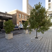 View of the public square at the Britomart apartment, architecture, building, campus, city, condominium, courtyard, daytime, estate, facade, house, mixed use, neighbourhood, public space, real estate, residential area, road surface, roof, sky, tree, urban area, walkway, gray