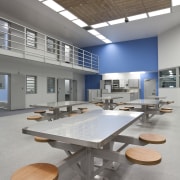 View of steel features at Mt Eden prison architecture, ceiling, daylighting, furniture, interior design, office, product design, table, gray