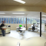 View of DOC building with neutral toned interior architecture, ceiling, daylighting, floor, interior design, lobby, office, brown, white, gray